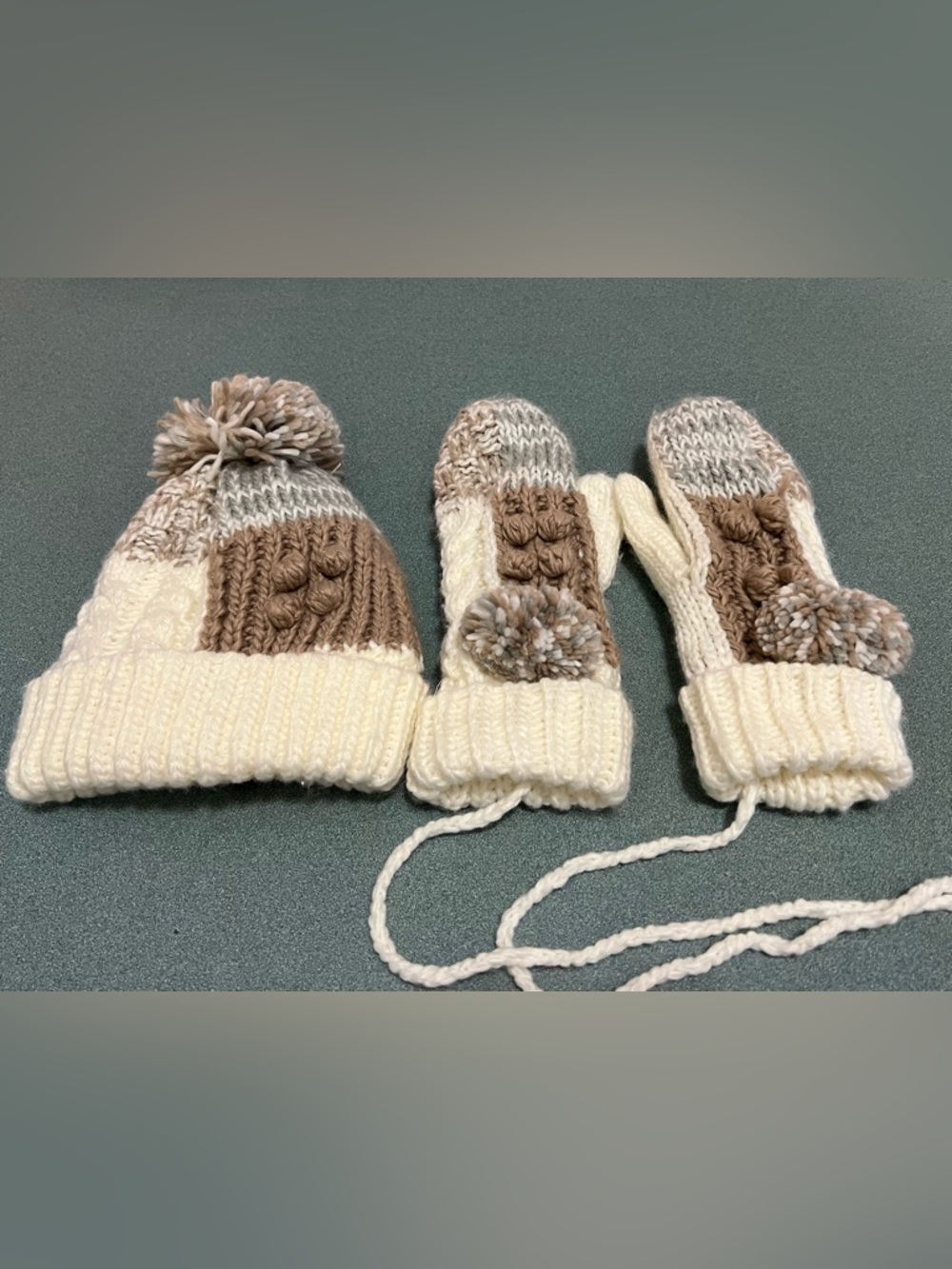 Women’s Muk Luks Cream and Brown Pom Pom Knit Hat & Mittens Set